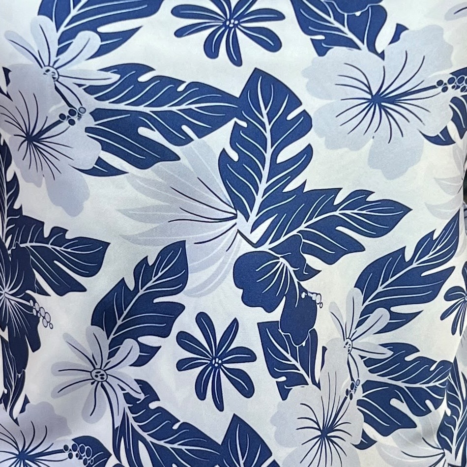 Color: White/Navy-Light Blue Tropical Leaves S