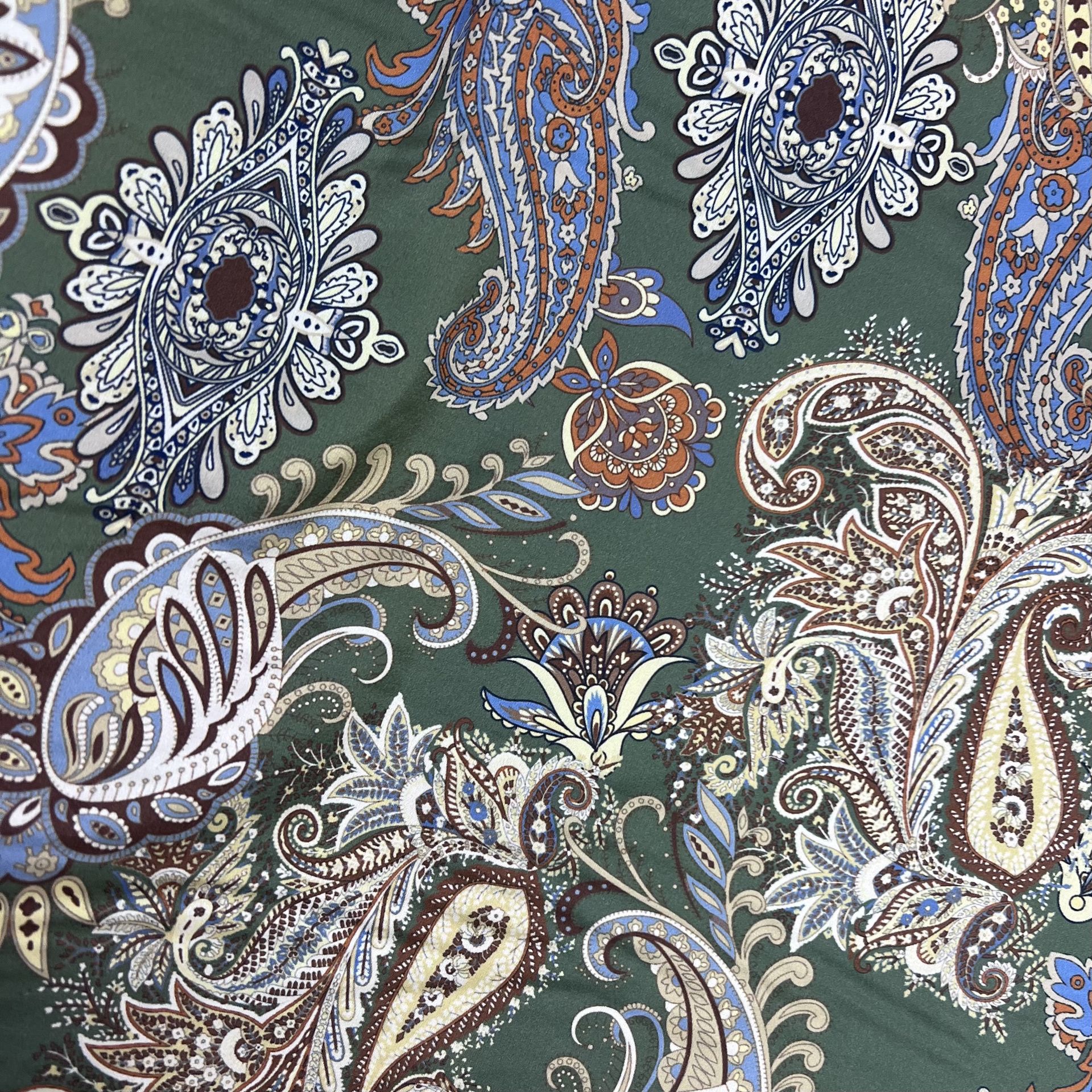 Color: Olive Green/Orange-Blue Paisley